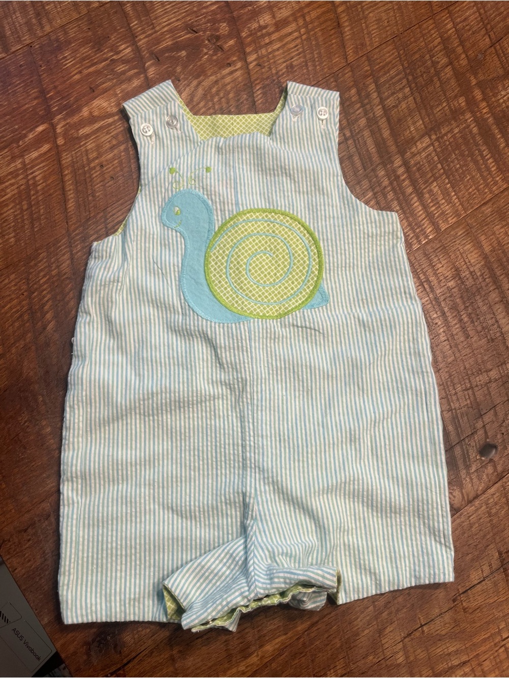 Bailey Boys Reversible Striped Shortall with Green Snail Applique